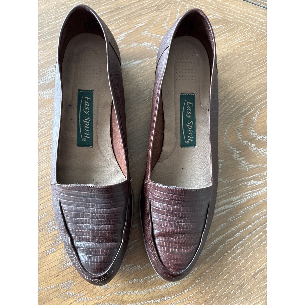 Easy Spirit Women Brown Croc Embossed Loafer Pointed Toe Comfort Flats Size 8 2A